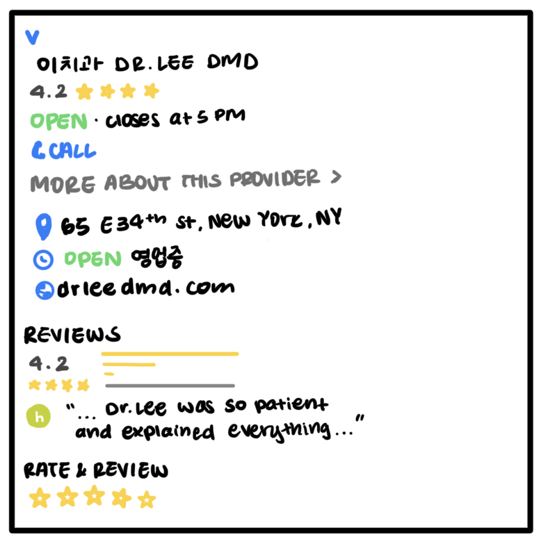 Hand-drawn sketch of a provider detail screen with hours, call action, and reviews