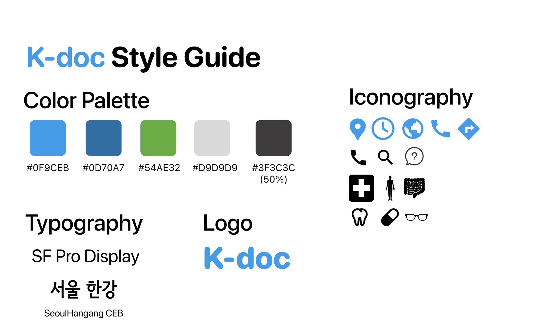 K-doc style guide showing color palette, typography, logo, and iconography